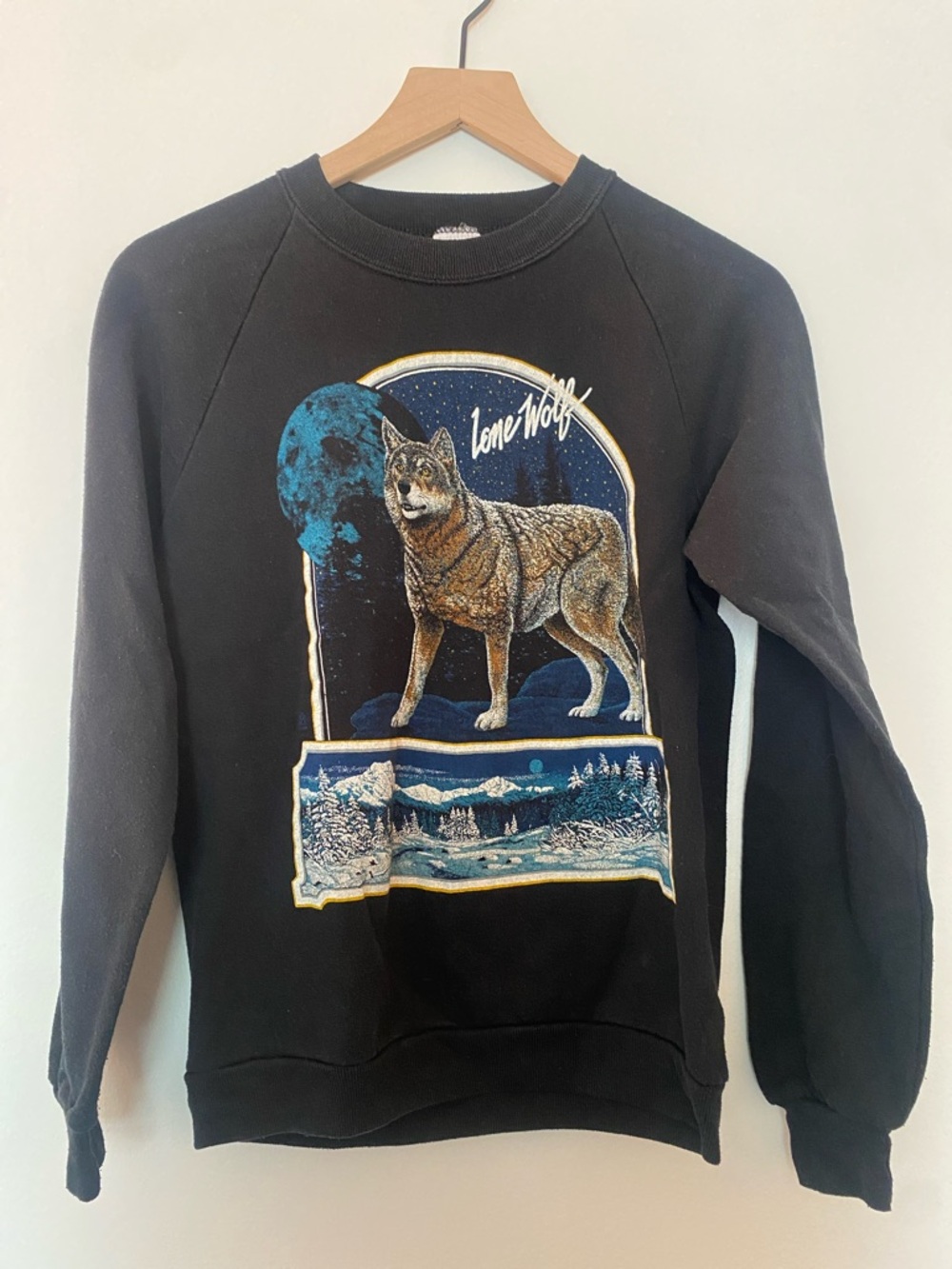 Vintage Jerzees Black Lone Wolf Graphic Crewneck Sweatshirt